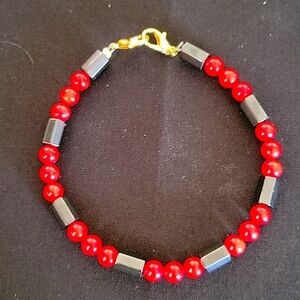 Handcrafted red coral and magnetic beaded bracelet